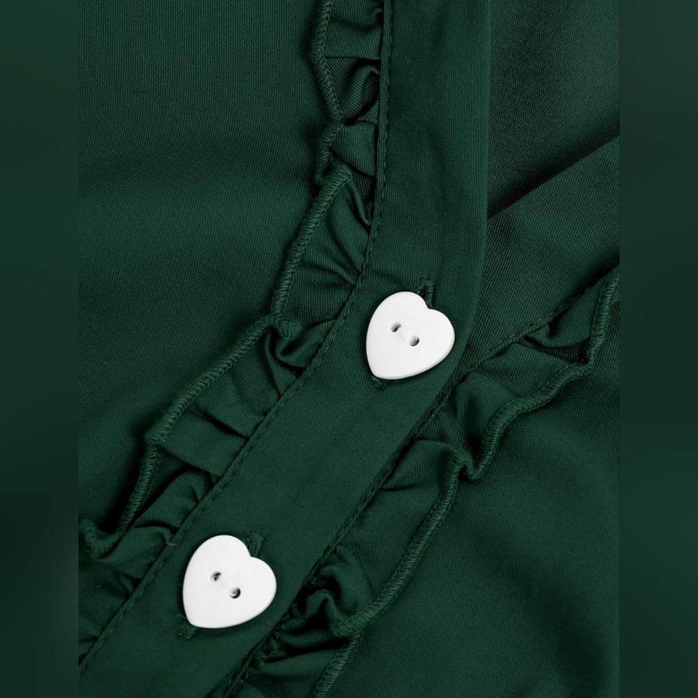 Cotton Green Ruffle Button Dress Heart Buttons - Picture 2 of 11